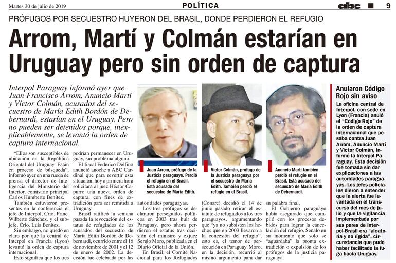 ABC del 30 de julio e 2019, cuando Juan Arrom, Anuncio Martí y Víctor Colmán, escaparon de Brasil y Uruguay.