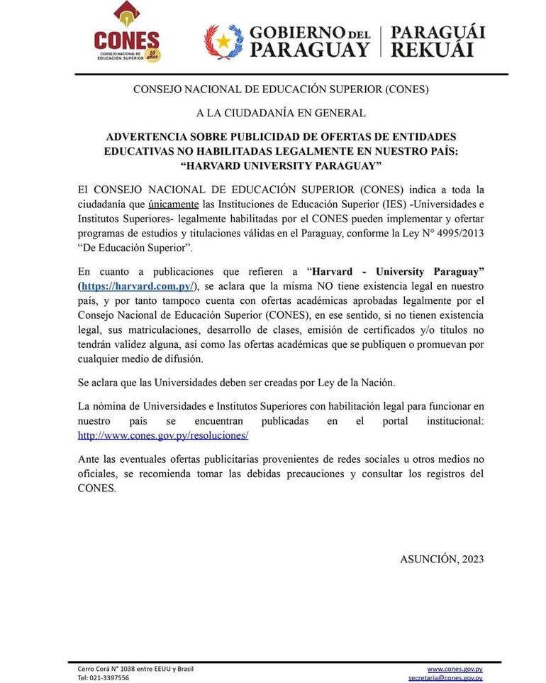 Comunicado de Cones sobre Harvard University Paraguay advirtiendo sobre publicidad de ofertas educativas no habilitadas.