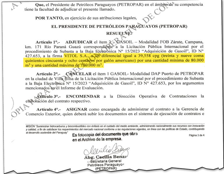 La empresa Vitol SA propuso un diferencial de 39,558 cpg (centavos por galón), mucho más caro que el premio de 17,95 cpg de su contrato anterior.