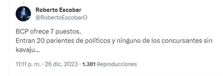 En un posteo citaron al BCP e incluso que los que tienen "kavaju" (personas con recomendación de importancia) ingresan al empleo más fácilmente.