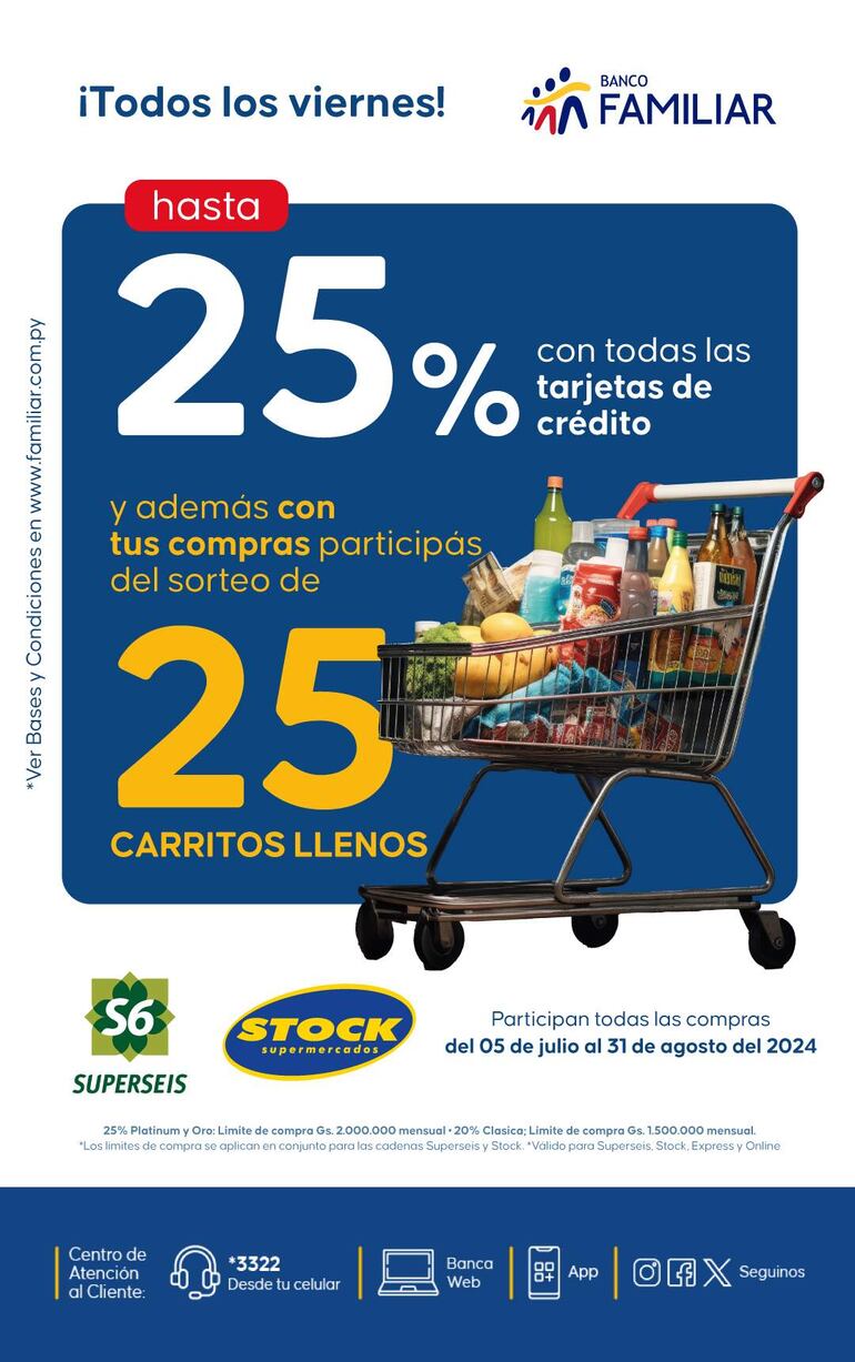 Todos los viernes, los clientes de Banco Familiar pueden aprovechar el 25% de descuento en Superseis, Stock y Delimarket.