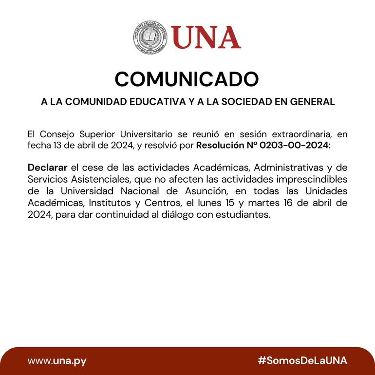 El último comunicado del Consejo Superior Universitario (CSU) de la UNA.