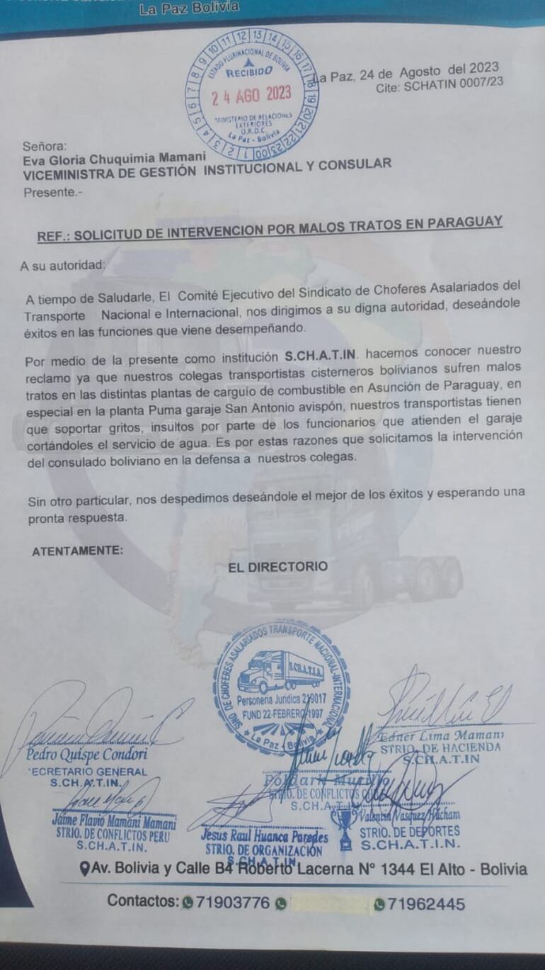 La nota del gremio de conductores bolivianos sobre supuestas maltratos en nuestro país.