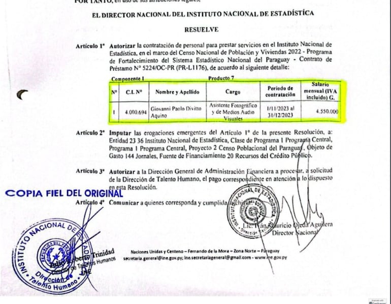 Resolución de Iván Ojeda que autoriza la contratación de Giovanni Paolo Divitto Aquino , hijo de Norma Aquino, alias Yamy Nal.