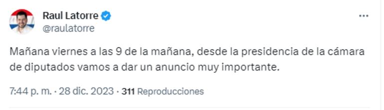 Posteo en X del presidente de Diputados Raúl Latorre.