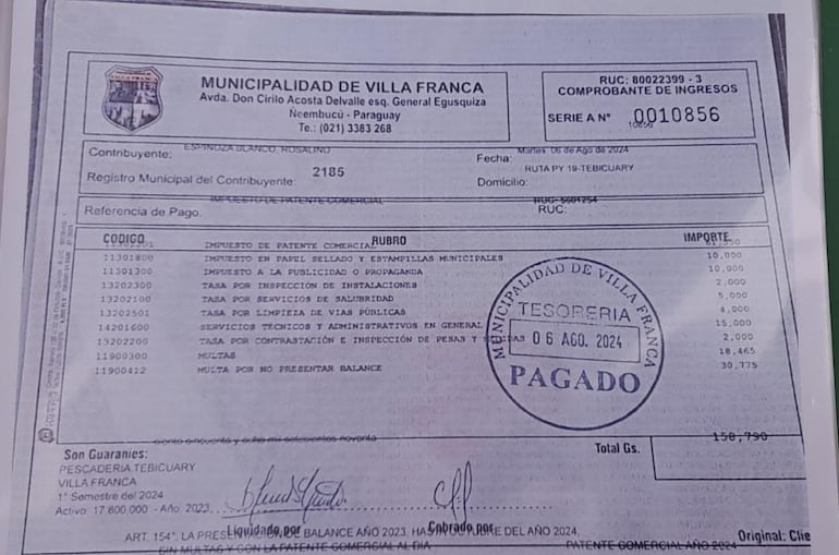 Rosalino Espinoza, asegura que esta al día con sus impuestos en la Municipalidad de Villa Franca y con su licencia profesional de pescador.