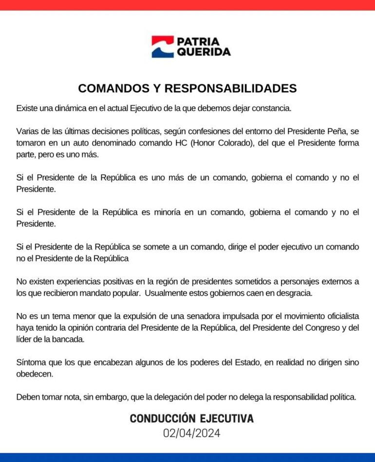 Comunicado del Partido Patria Querida en el que expresa preocupación por la dependencia del Presidente de la República Santiago Peña del Comando Honor Colorado.