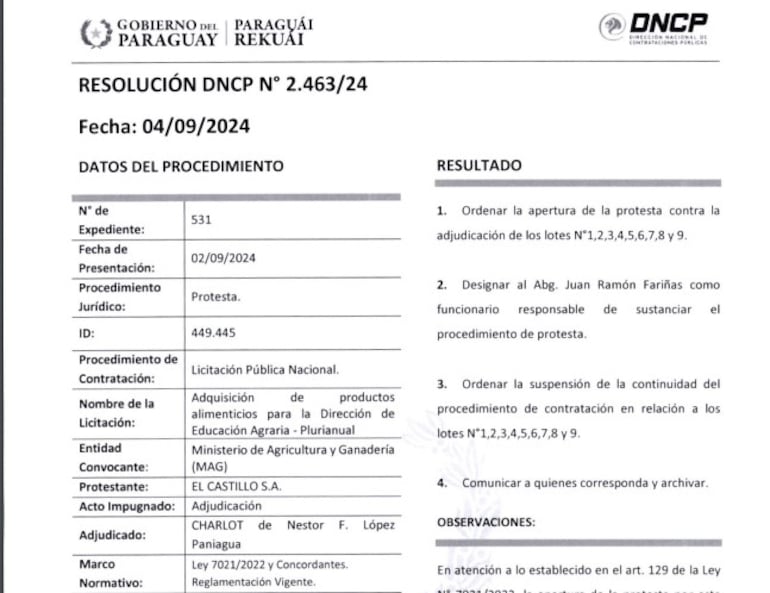 Resolución de la DNCP  que suspende el llamado a licitación ante denuncias.