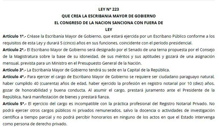 Ley Nº 223/93, que crea la Escribanía Mayor de Gobierno. El Senado debe recibir una terna propuesta por el CM.