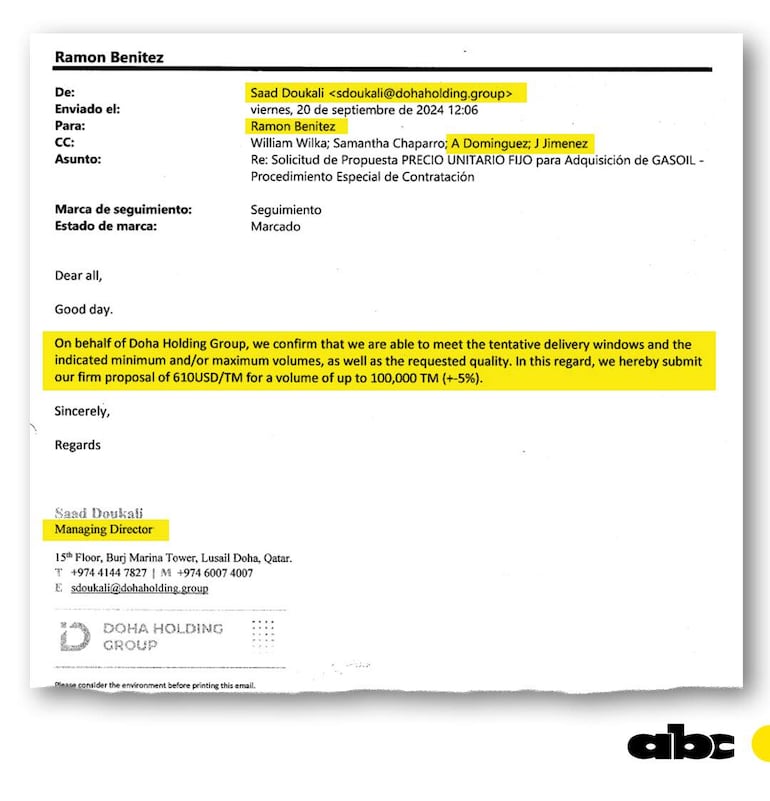 Correo remitido por la firma catarí a Petropar, en el cual se comprometió a cumplir con los plazos. Pero hasta ahora no hay rastros del combustible. 