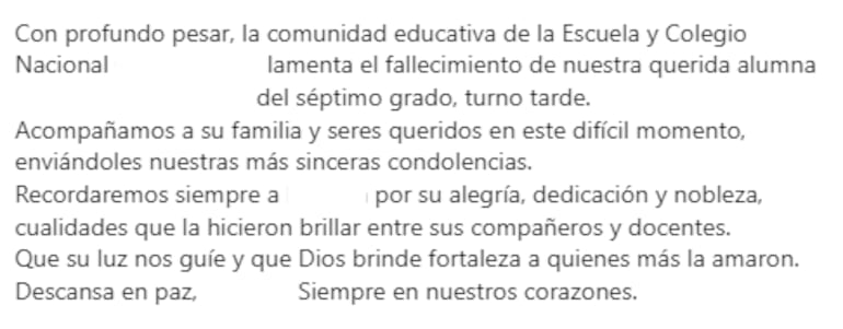 Comunicado del colegio de Capiatá que confirma el fallecimiento de una alumna a causa de una presunta infección bacteriana.