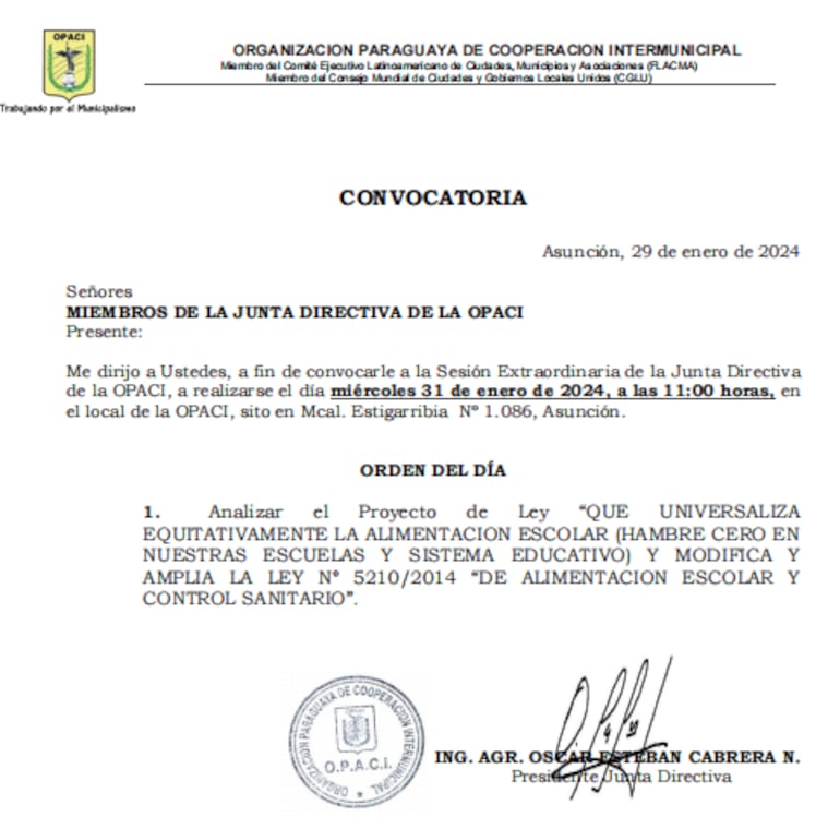 Convocatoria a sesión extraordinaria de Opaci, para tratar proyecto sobre alimentación escolar.