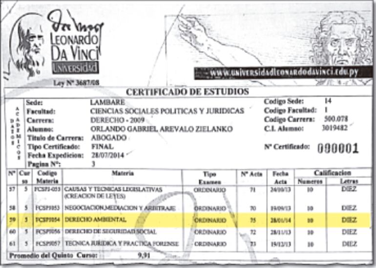 Certificado de estudios de Arévalo de la universidad, donde dice que su último examen fue en enero de 2014.