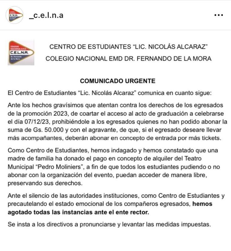 Comunicado del Centro de Estudiantes del Colegio Nacional Fernando de la Mora.