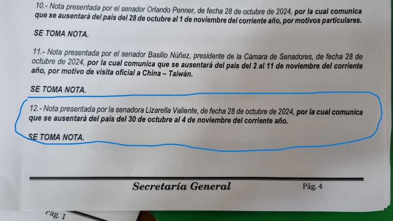 Nota presentada por Lizarella Valiente (ANR- cartista) comunicando su ausencia hasta el 4 de noviembre.