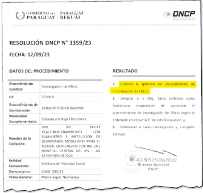 Resolución firmada por el actual director de la DNCP, Agustín Encina, para abrir la investigación.