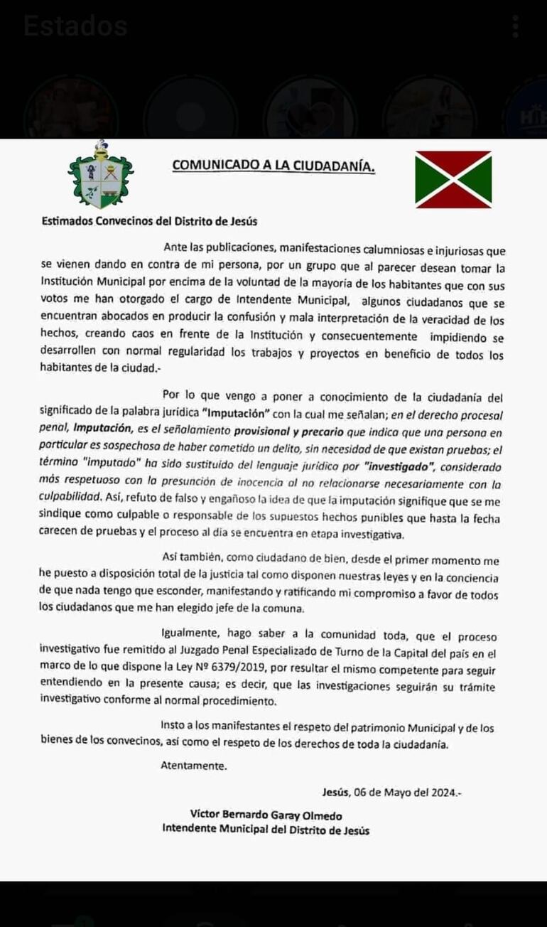 Comunicado intendente de Jesús de Tavarangüé