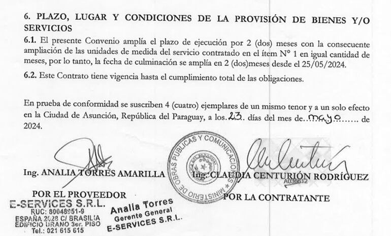 El 23 de mayo de 2024 ya como ministro, su empresa consigue ampliar un contrato con el MOPC pero  firma en representación de la firma,  otra persona.