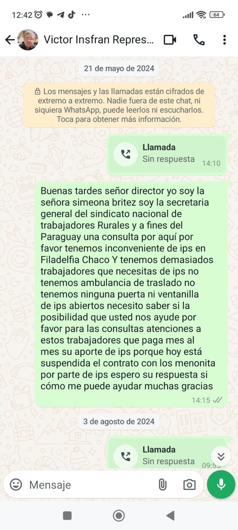 Mensajes enviados por el Sindicato Nacional de Trabajadores Rurales al consejero Víctor Insfrán.