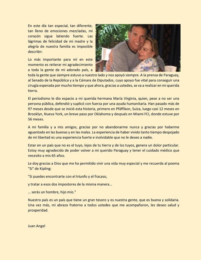 La carta de Juan Ángel Napout tras obtener la “libertad compasiva”