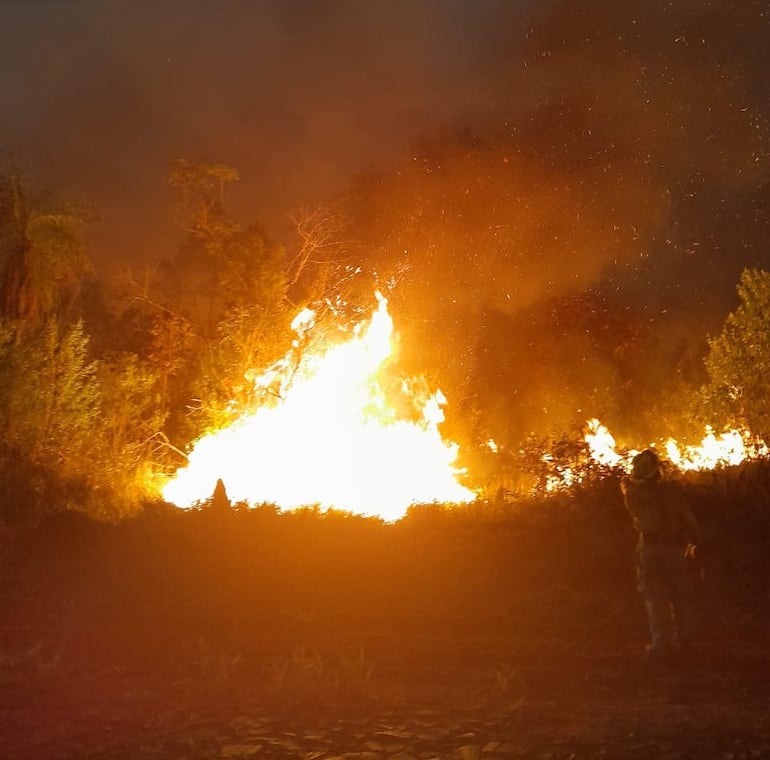 Bomberos Voluntarios combaten las llamas que se han tornado incontrolables en el Parque Nacional Cerro Corá.