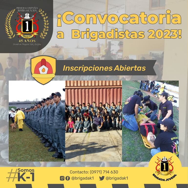 Flyer de la convocatoria para unirse a la Brigada Juvenil de la primera compañía del Cuerpo de Bomberos Voluntarios del Paraguay (CBVP).