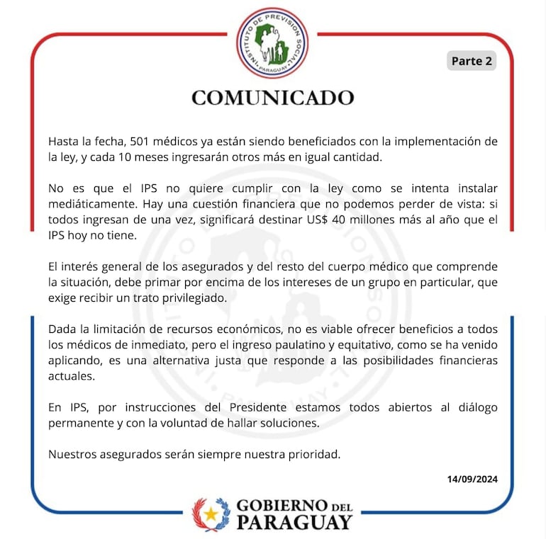 Comunicado del IPS sobre situación del Servicio de Cirugía Pediátrica del Hospital Central.