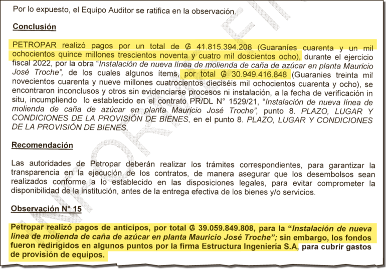 La Contraloría detectó varios incumplimientos en el contrato tren de molienda de Petropar.