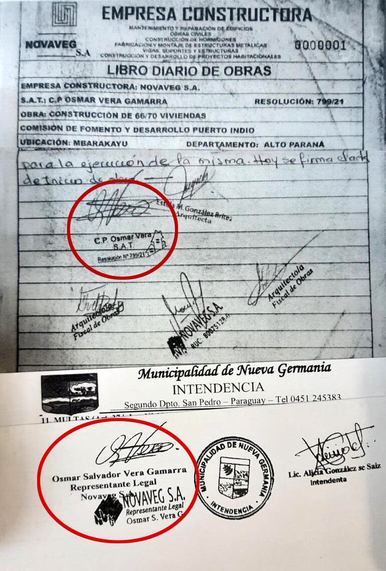 Facsímiles de los documentos del inicio de obras de Puerto Indio, a cargo de Novaveg, y un contrato de la  constructora con un municipio. En ambos aparece Osmar Vera como representante.