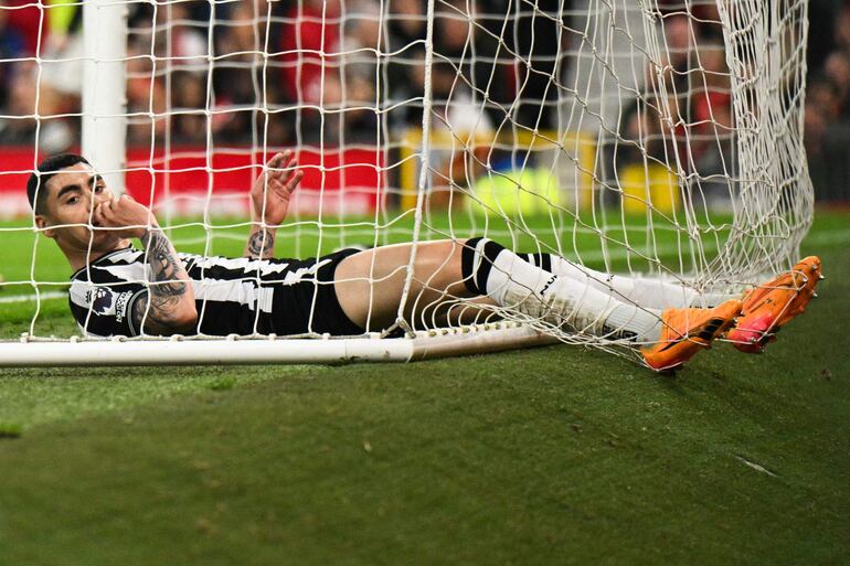 Newcastle United's Paraguayan midfielder #24 Miguel Almiron reacts after missing a chance during the English Premier League football match between Manchester United and Newcastle United at Old Trafford in Manchester, north west England, on May 15, 2024. (Photo by Oli SCARFF / AFP) / RESTRICTED TO EDITORIAL USE. No use with unauthorized audio, video, data, fixture lists, club/league logos or 'live' services. Online in-match use limited to 120 images. An additional 40 images may be used in extra time. No video emulation. Social media in-match use limited to 120 images. An additional 40 images may be used in extra time. No use in betting publications, games or single club/league/player publications. / 