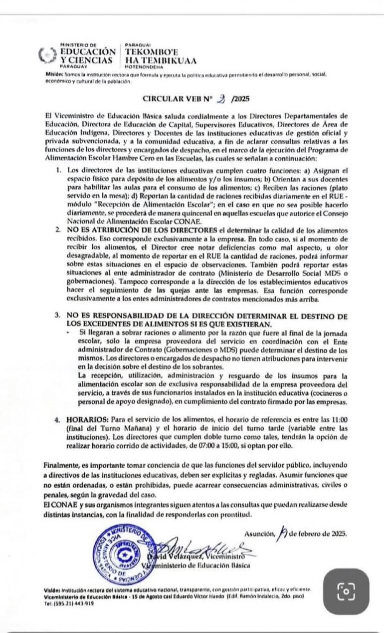 La circular N° 2/2025 del MEC con la cual advierten a los directores sobre consecuencias penales ante control de calidad de almuerzos escolares.