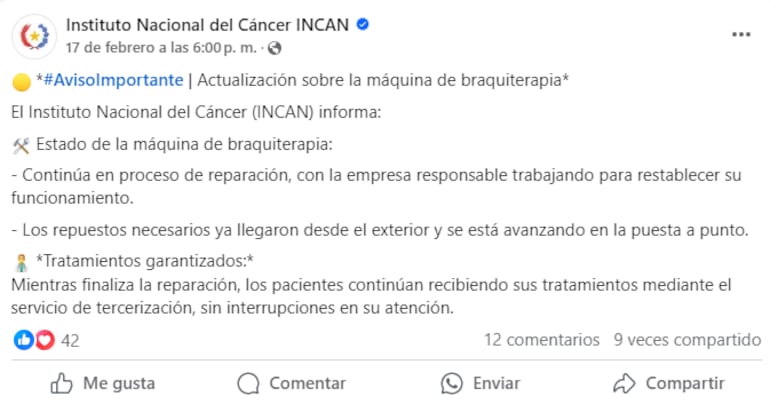 Comunicado del Incan del pasado 17 de febrero, donde se informa que el  equipo de braquiterapia está en proceso de reparación.