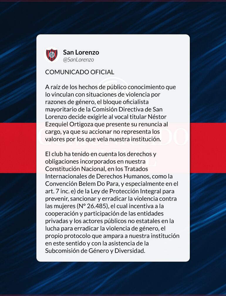 Comunicado del club San Lorenzo de Almagro sobre el caso de Néstor Ortigoza.