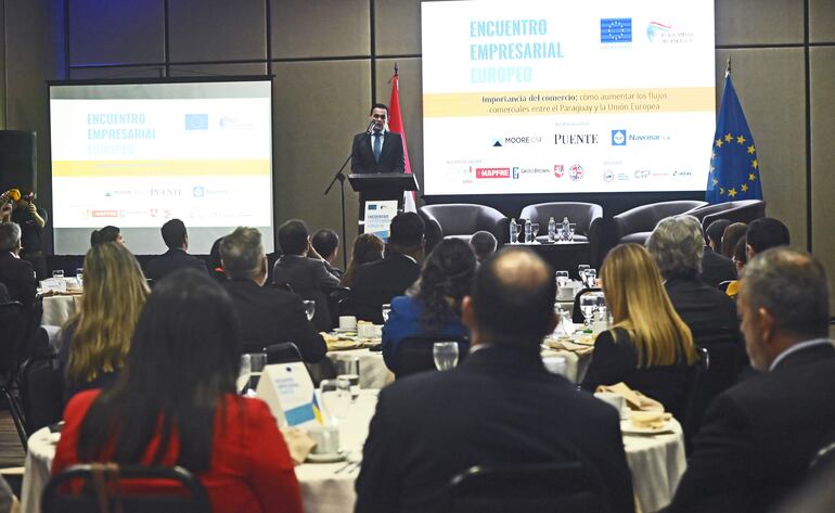 El canciller nacional Rubén Ramírez Lezcano, durante su exposición en la conferencia con empresarios europeos en el Hotel Crowne