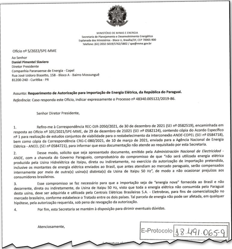 Documento del 2022 por el cual se rechazan intenciones de la ANDE de vender energía al Brasil.