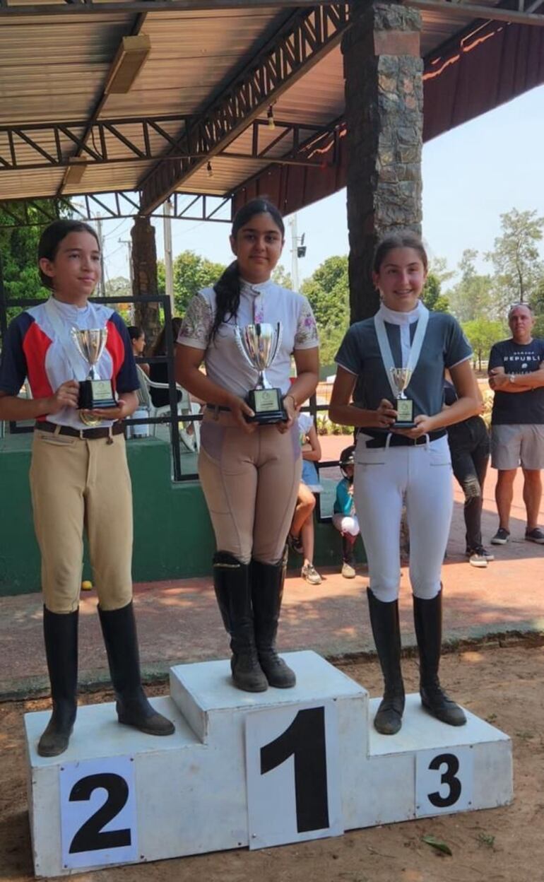 Podio de la categoría 0.90 Menores: Campeona Sabrina Santacruz (c), vice Paula Corrales (i) y Alexia Díaz de Vivar (d).