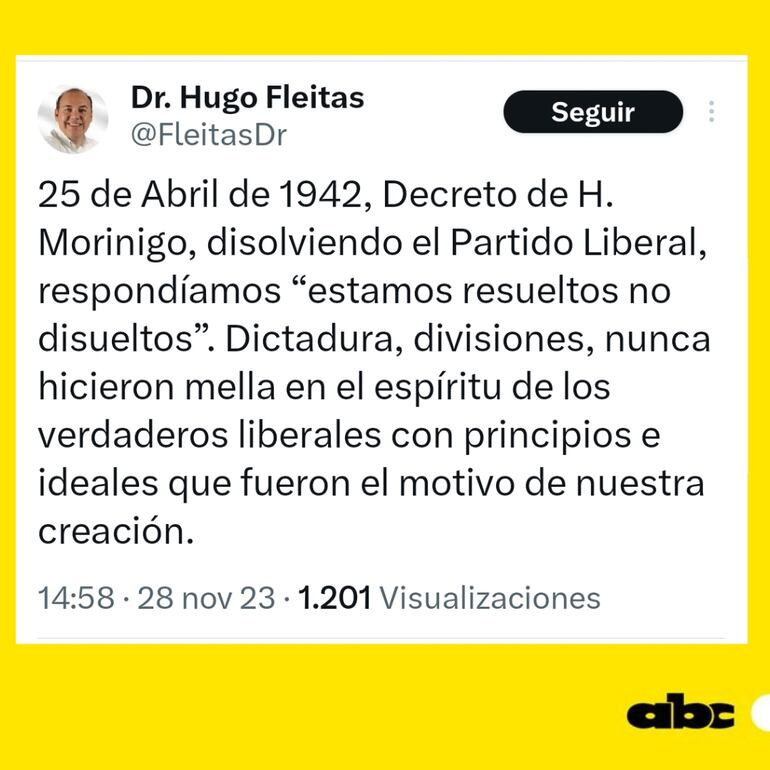 Posteo de Hugo Fleitas, presidente del PLRA sobre división del partido.