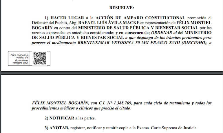 Amparo Judicial presentado por la Defensoría del Pueblo que obliga a la cartera sanitaria a proveer del costoso medicamento oncológico.