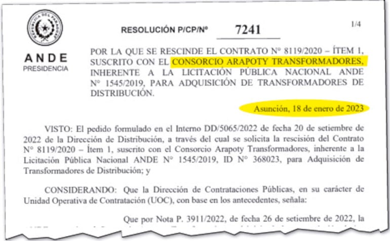 Primera página de la resolución N° 7241 firmada el 18 de enero de 2021, por el actual presidente de la ANDE, Félix Sosa.