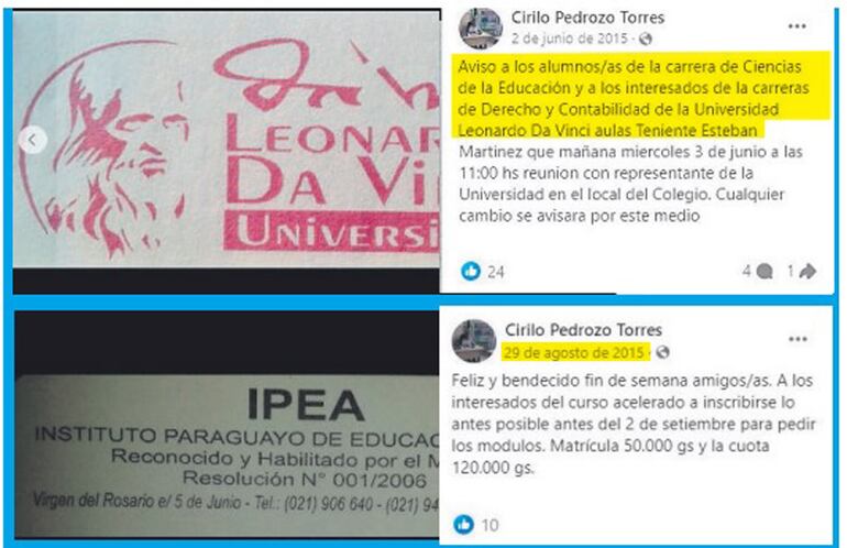 Posteos del concejal Pedrozo Torres en los que invitaba para el aula   habilitada en el distrito chaqueño de Teniente Esteban Martínez.