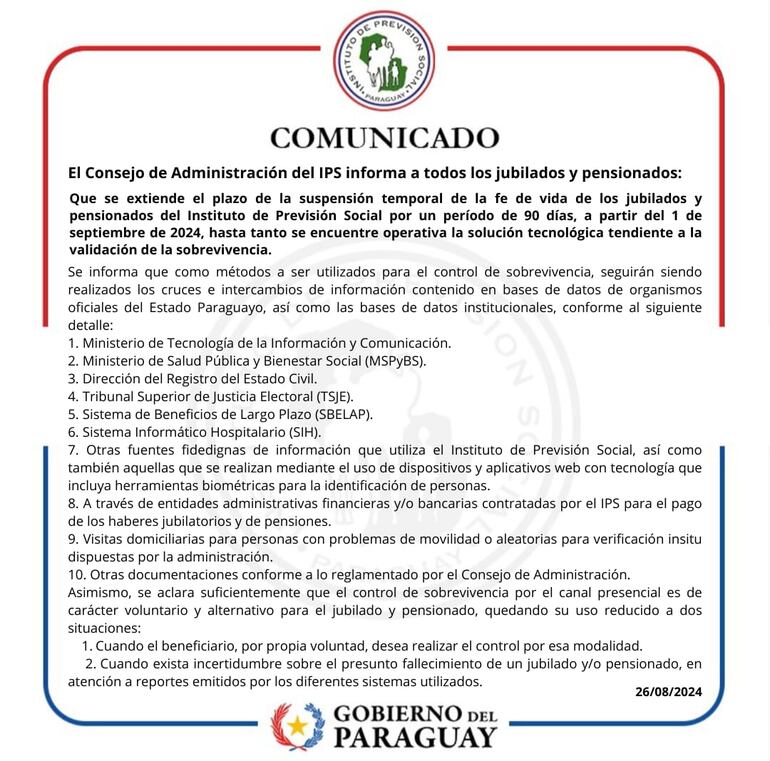 Comunicado del Consejo de Administración del Instituto de Previsión Social (IPS) en el que informa que se pospone por 90 días la validación de la fe de vida.