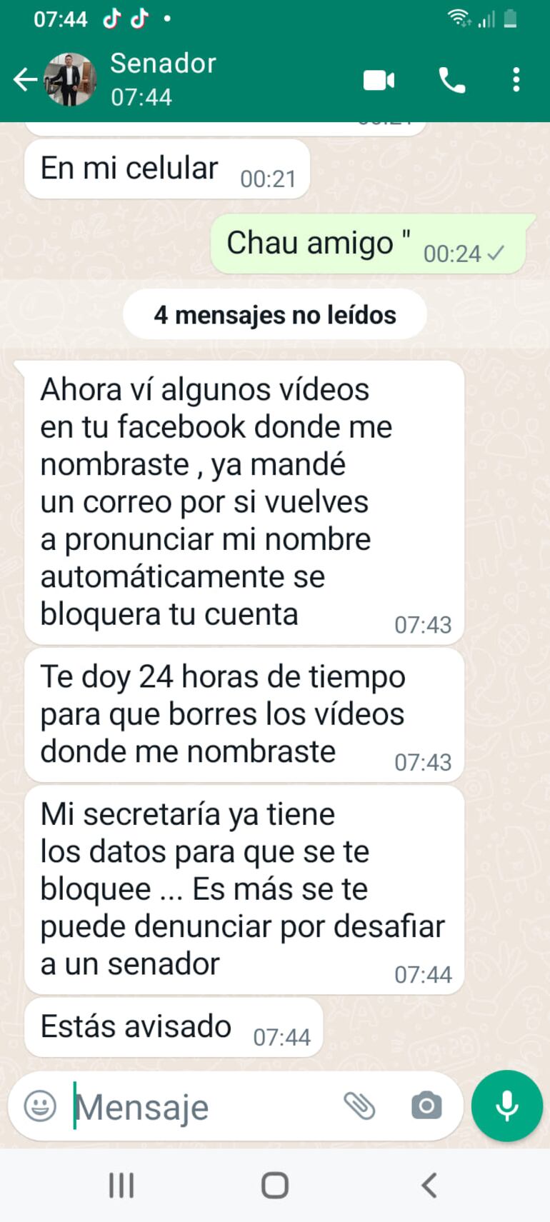 Otra parte del chat donde presuntamente el legislador le dice a Delgadillo que borre sus videos donde le nombra.