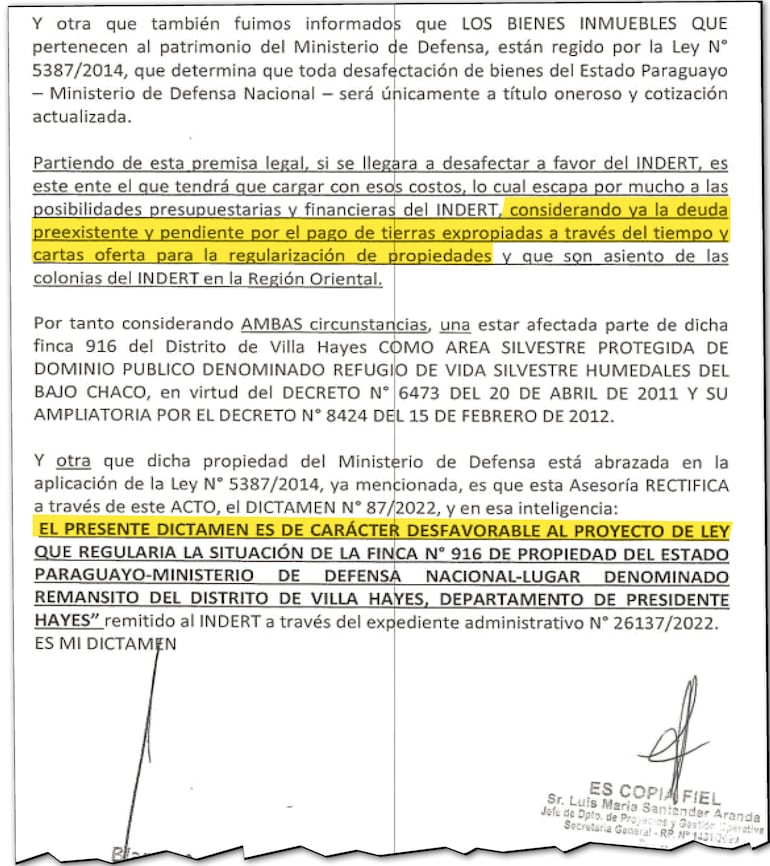Dictamen elaborado por la Asesoría Jurídica del Indert sobre el plan impulsado por Núñez.