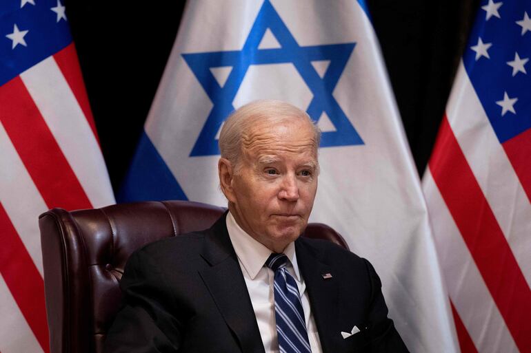 Joe Biden, presidente de los Estados Unidos, durante una reunión con autoridades israelíes este miércoles en Tel Aviv.