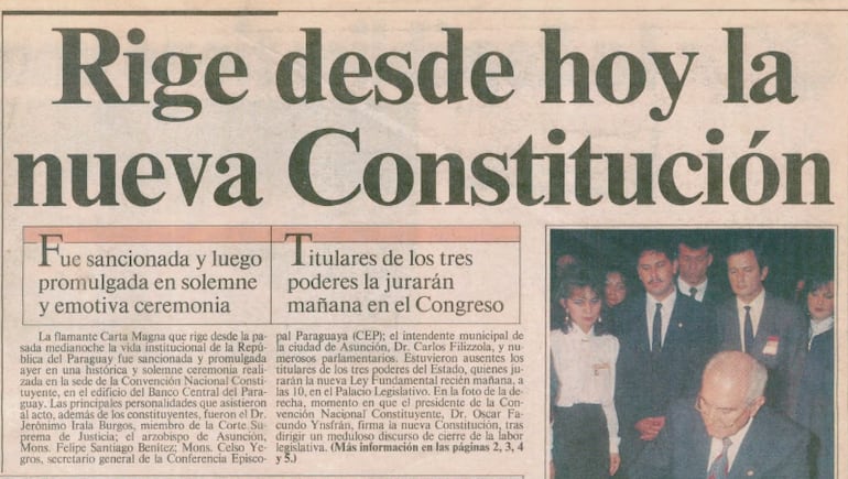 "Rige desde hoy la nueva Constitución" era la tapa del diario ABC Color el domingo 21 de junio de 1992.