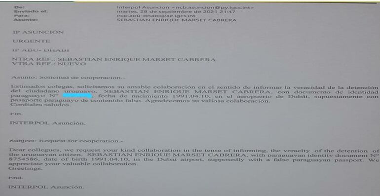 Correo de Interpol Paraguay solicitando información sobre detención de Marset en Dubái.