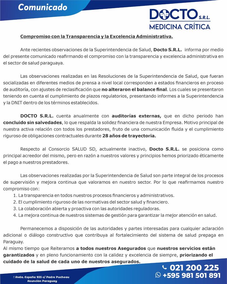 Comunicado de Docto SRL tras amonestación de la Superintendencia de Salud.