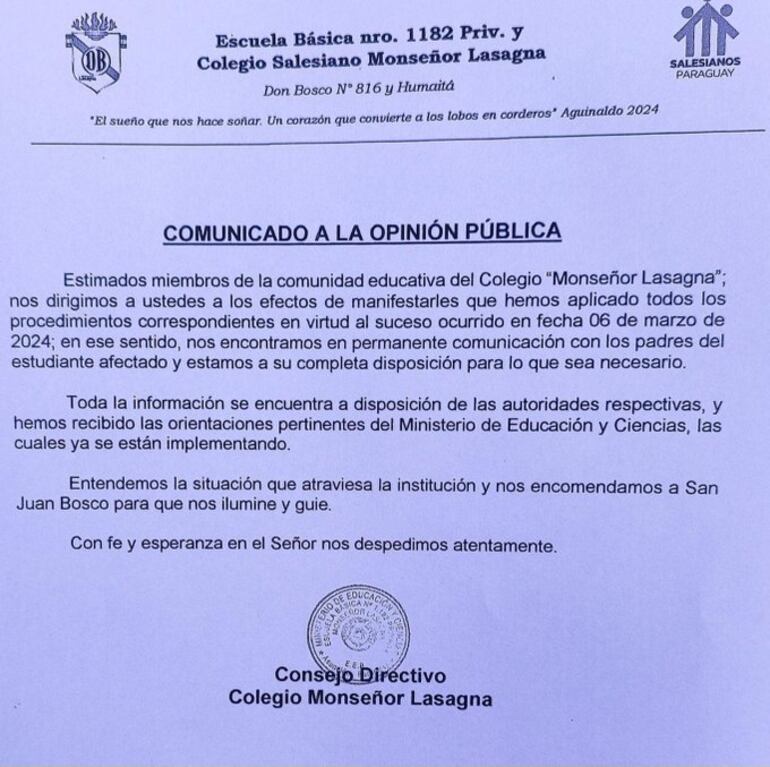 Comunicado del Colegio Salesiano Monseñor Lasagna sobre niño con traumatismo de cráneo.