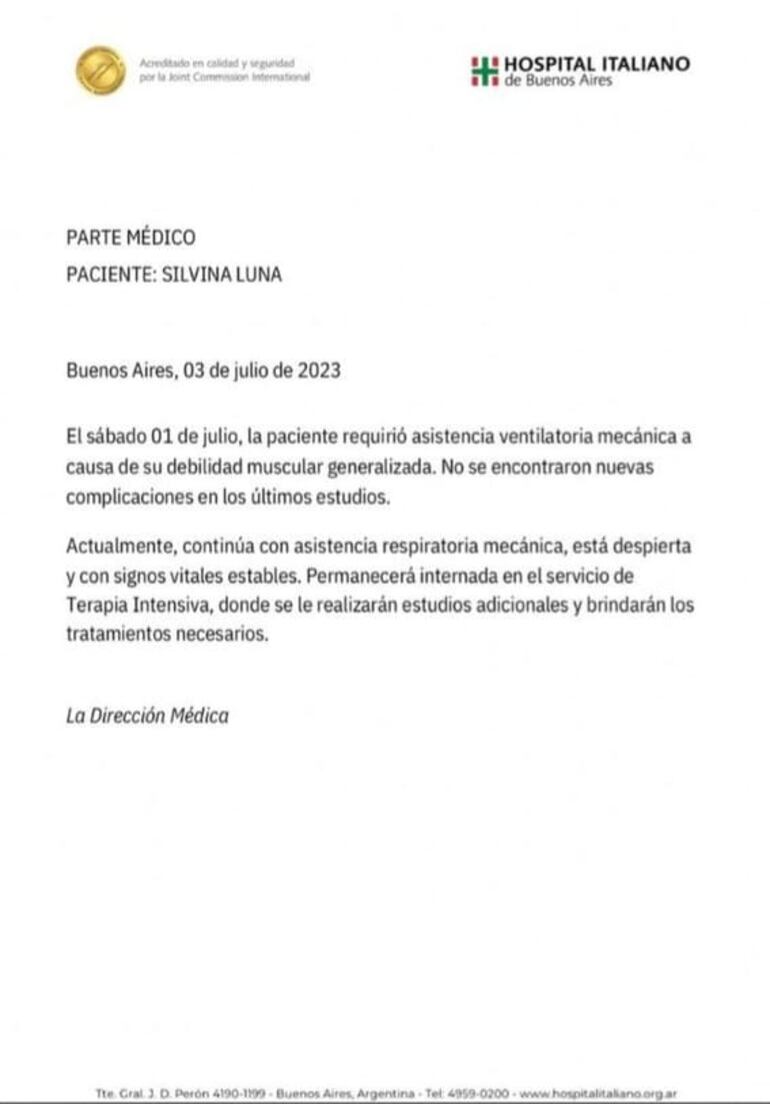 El nuevo parte médico sobre la salud de Silvina Luna. (Captura de la historia de Instagram de Fernando Burlando)