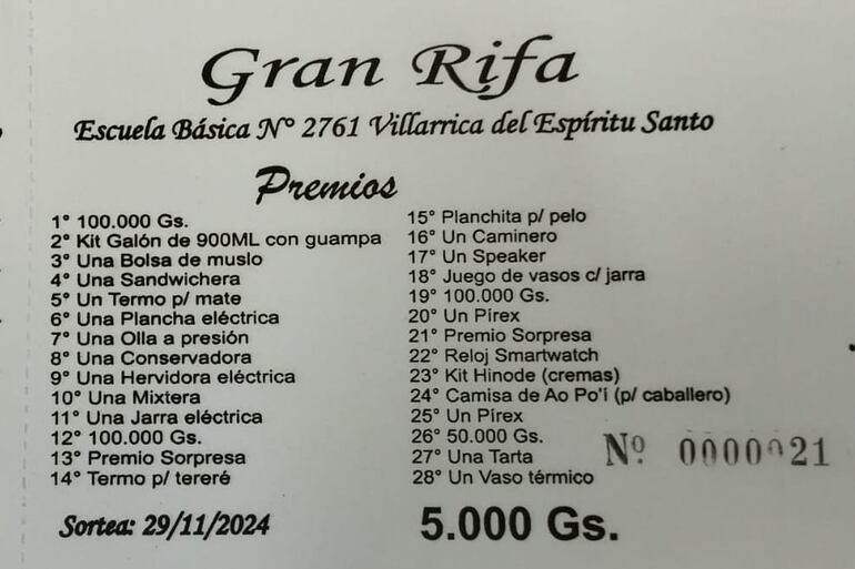 Rifa de la Escuela Villarrica del Espíritu Santo.